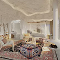Hotel Room With Cave Like Ceiling White Canopy Bed Ethnic Rug Fireplace And Mountain View