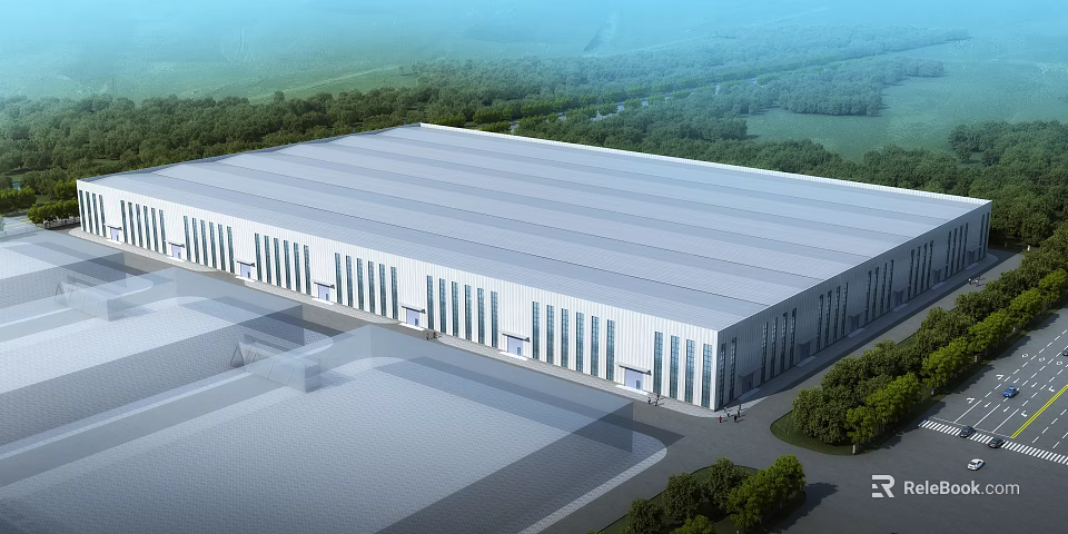 Modern Industrial Factory Building Design With White Striped Roof And Surrounding Greenery 3d model 