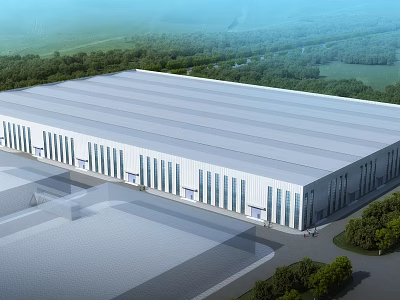 Modern Industrial Factory Building Design With White Striped Roof And Surrounding Greenery 3d model