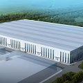 Modern Industrial Factory Building Design With White Striped Roof And Surrounding Greenery