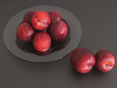 Ceramic Plate Displaying Fresh Red Plums With Extra Plums On Dark Background 3d model