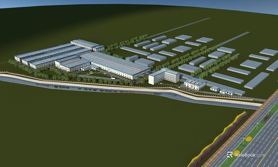 Modern Large Scale Industrial Factory Complex With Multiple Buildings Greenery And Roads 3d model 