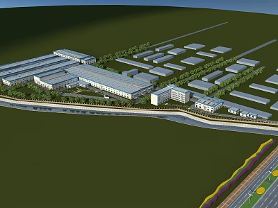 Modern Large Scale Industrial Factory Complex With Multiple Buildings Greenery And Roads 3d model
