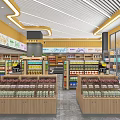 Supermarket Grocery Store with Fresh Fruits Bread Snacks Drinks and Cartoon Figure in Bright Interior