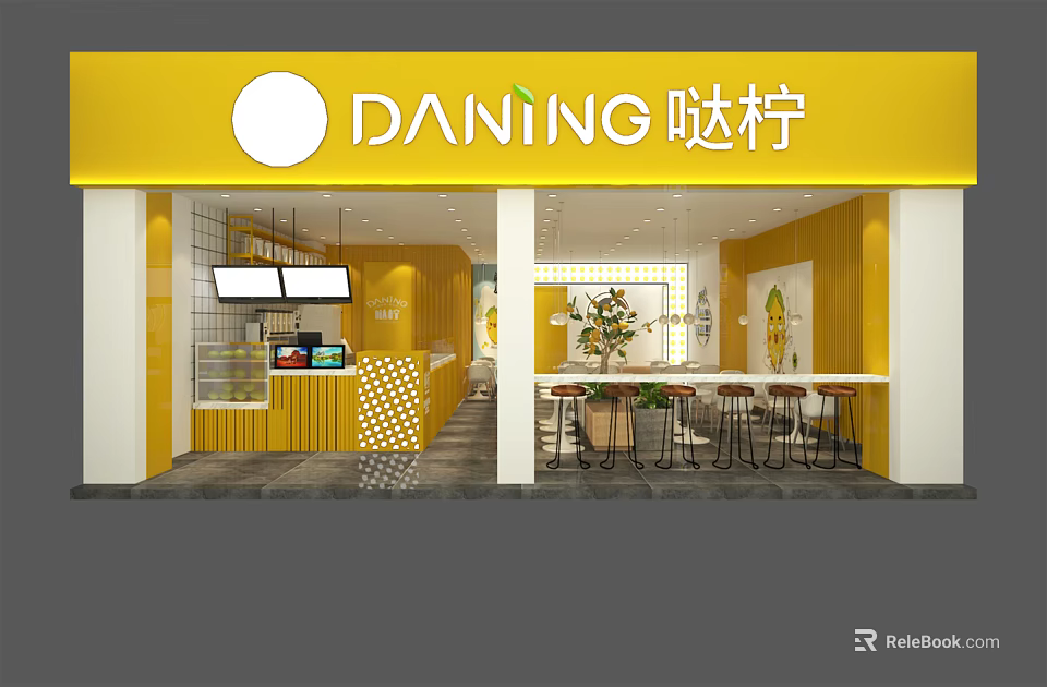 Bright Yellow Milk Tea Shop Interior With Bar Counter And Seating Area 3d model 