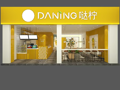 Bright Yellow Milk Tea Shop Interior With Bar Counter And Seating Area 3d model