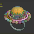 Elegant Silver Ring Featuring Spherical Yellow Gemstone and Surrounding Round Bead Decorations on Intricate Base