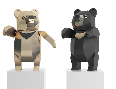Geometric Bear Shaped Decorative Ornament Set With Light Brown And Black Figurines On White Pedestals 3d model