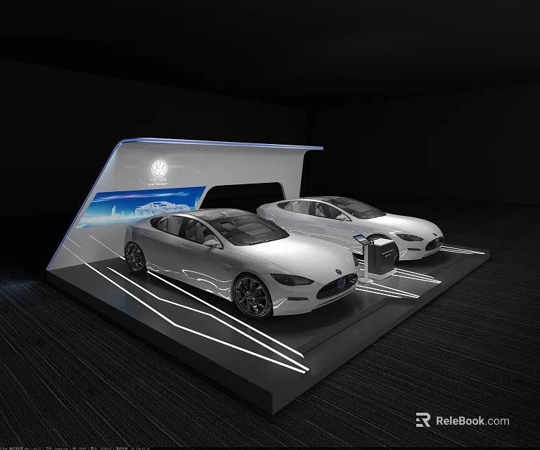 Two Silver Cars Showcased On Modern Display Stand With Blue Screen Background 3d model 