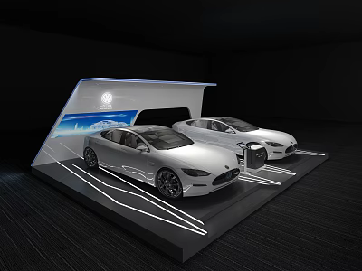 Two Silver Cars Showcased On Modern Display Stand With Blue Screen Background 3d model