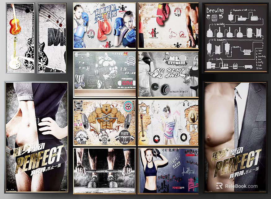 Fitness Workout Posters With Boxing Gloves Muscle Training And Gym Elements 3d model 