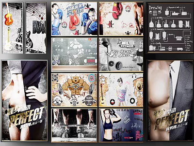 Fitness Workout Posters With Boxing Gloves Muscle Training And Gym Elements 3d model