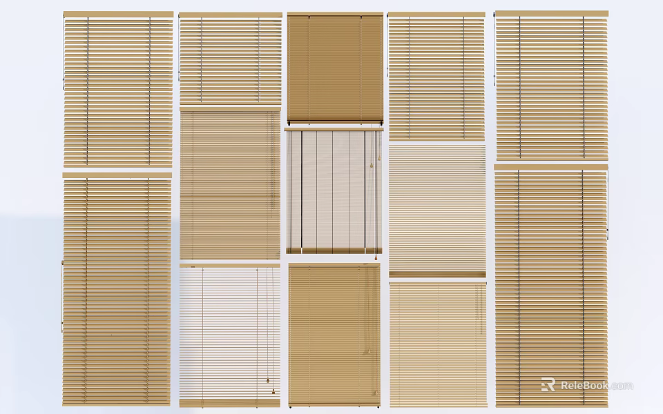 Stylish Window Blinds With Various Designs And Natural Wood Tones For Home Decoration 3d model 