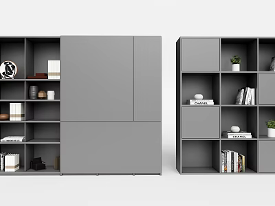 Modern Gray Bookcase Interior Design With Open Shelves Books Plants And Decorative Items 3d model