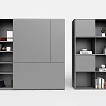 Modern Gray Bookcase Interior Design With Open Shelves Books Plants And Decorative Items