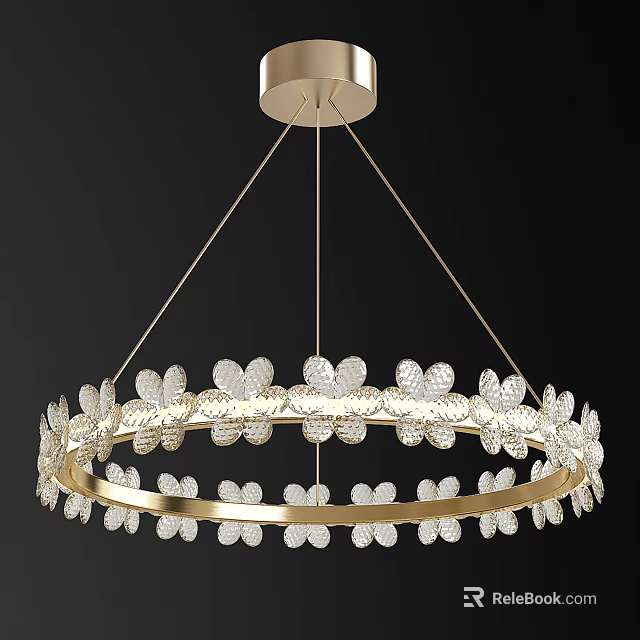 Elegant Luxurious Chandelier With Golden Round Frame And Crystal Flower Decorations 3d model 