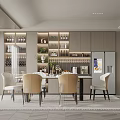 Modern Restaurant Interior With Dining Table Chairs Wine Racks And Decorative Shelves