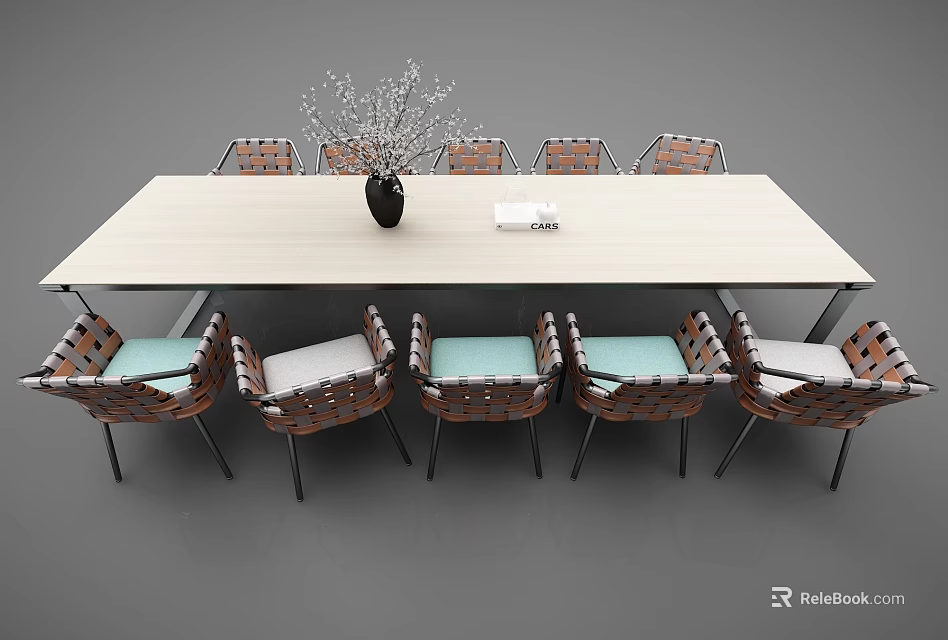 Light Wood Dining Table Set with Woven Seats Metal Leg Chairs and Decorative Black Vase 3d model 