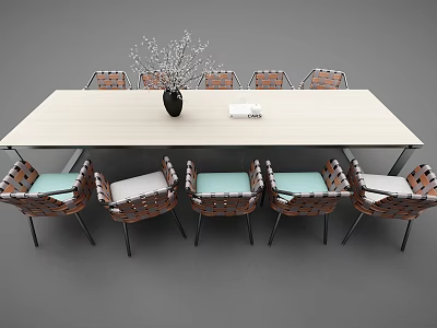 Light Wood Dining Table Set with Woven Seats Metal Leg Chairs and Decorative Black Vase 3d model