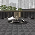Modern Residential Building Entrance Featuring Central Fountain Sculpture Lamp Posts Greenery And Paved Square