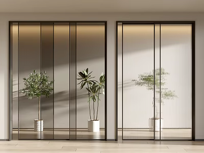 Modern Interior Space Featuring Glass Sliding Doors With Black Frames And Green Plants 3d model