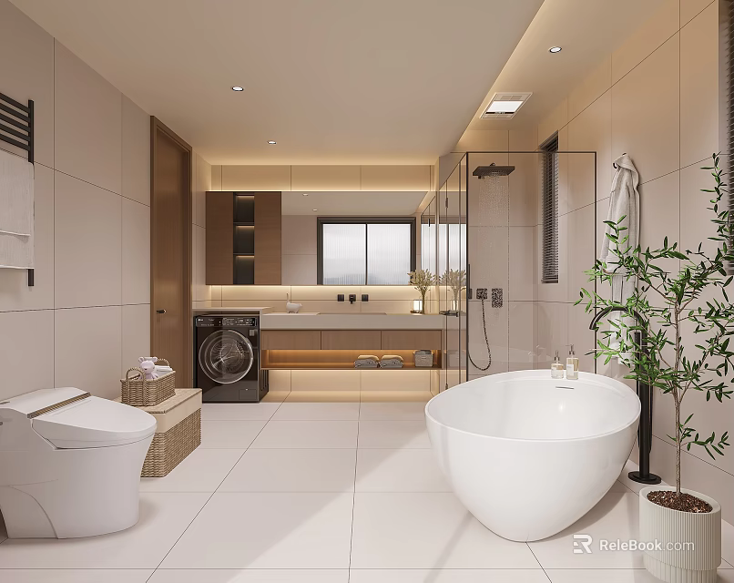 Modern Bathroom Interior Design With Freestanding Bathtub Toilet Washing Machine And Green Plant 3d model 
