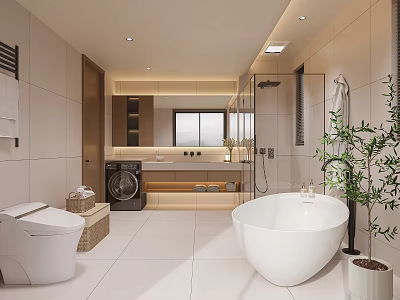 Modern Bathroom Interior Design With Freestanding Bathtub Toilet Washing Machine And Green Plant 3d model