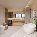 Modern Bathroom Interior Design With Freestanding Bathtub Toilet Washing Machine And Green Plant
