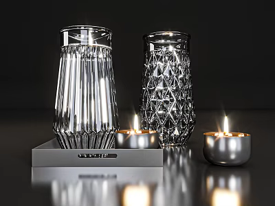 Decorative Ornament Set with Two Glass Vases Silver Candle Holders Lit Candles and Silver Tray 3d model