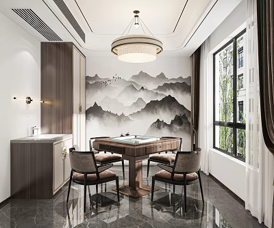 Hotel Mahjong Room Interior with Mountain Landscape Wallpaper Wooden Table Chairs and Chandelier Near Window 3d model