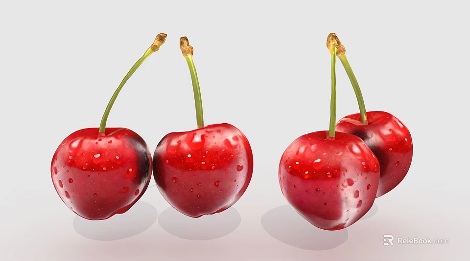 Fresh Red Juicy Cherries With Green Stems And Shiny Water Droplets 3d model 