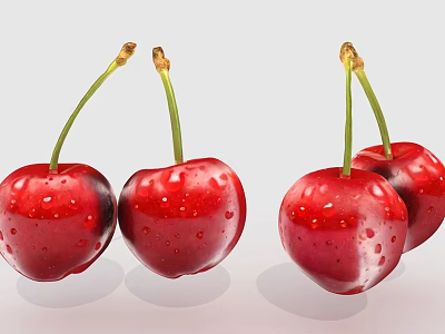 Fresh Red Juicy Cherries With Green Stems And Shiny Water Droplets 3d model Fresh Red Juicy Cherries With Green Stems And Shiny Water Droplets 3d model