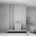 Modern Minimalist Bathroom With Marble Walls Hanging Pendant Lights Decorative Tile Pattern And Standalone Bathtub