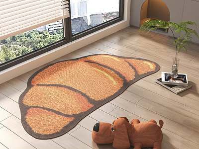Croissant Shaped Rug On Wooden Floor With Stuffed Dog Toy And Potted Plant 3d model