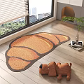 Croissant Shaped Rug On Wooden Floor With Stuffed Dog Toy And Potted Plant
