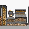 Modern Fireplace Interior Designs With Black Frames Firewood Storage Racks And Burning Flames 3d model
