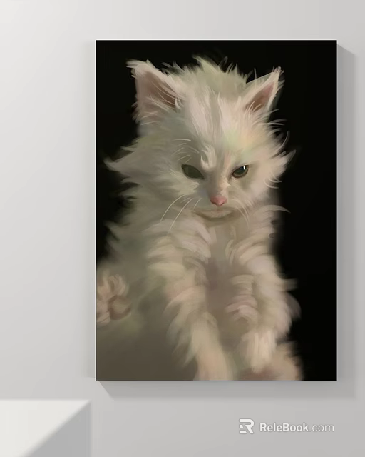 Fluffy White Cat Art Painting With Dark Background 3d model 