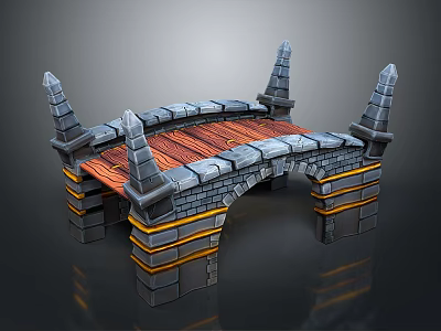 Medieval Stone Bridge 3D Model With Wooden Deck Spiked Towers And Decorative Stripes 3d model