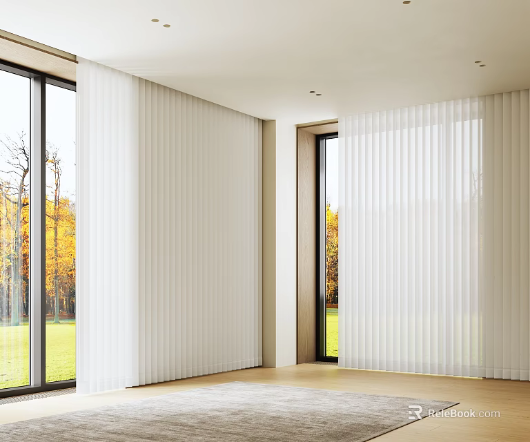White Vertical Striped Curtains For Spacious Bright Room With Large Windows And Autumn View 3d model 