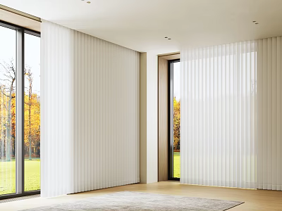 White Vertical Striped Curtains For Spacious Bright Room With Large Windows And Autumn View 3d model