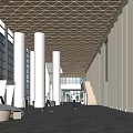 Modern Lobby Front Desk Reception With Large Windows White Columns Geometric Ceiling Sofa And Plant