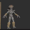 Mythical Fantasy Creature Character With Spiked Head Textured Skin And Furry Legs Holding Wooden Staff