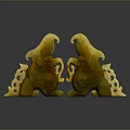 Pair of Golden Jade Sculptures with Intricate Mythical Figure Carvings and Glossy Surface