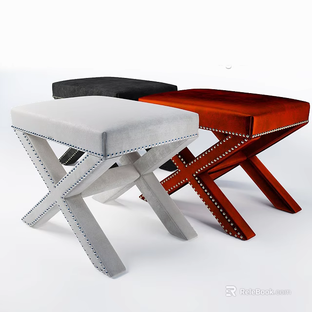 Upholstered Sofa Stools With Crossed X Shaped Legs In Gray Black And Brown 3d model 