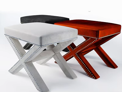 Upholstered Sofa Stools With Crossed X Shaped Legs In Gray Black And Brown 3d model