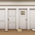 White Hinged Doors With Glass Panel And Golden Handles In Wooden Floor Room