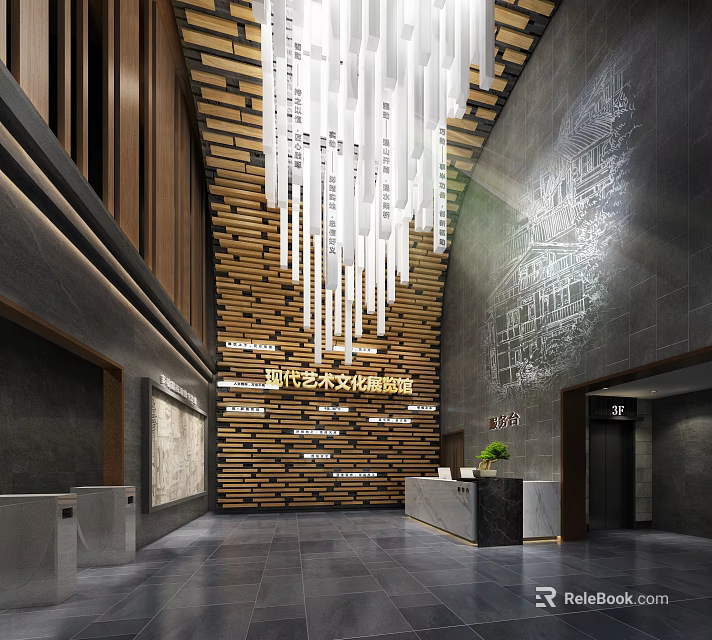 Modern Art Culture Exhibition Hall Interior With Wooden Wall And Pendant Lights Reception Area 3d model 