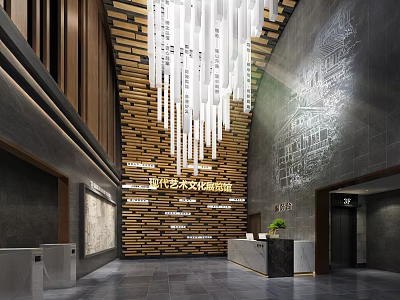 Modern Art Culture Exhibition Hall Interior With Wooden Wall And Pendant Lights Reception Area 3d model