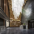 Modern Art Culture Exhibition Hall Interior With Wooden Wall And Pendant Lights Reception Area