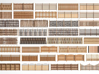 Various Types of Fencing Designs with Wooden Bamboo and Metal Mesh Styles 3d model
